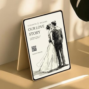 May include: A digital tablet displaying a black and white illustration of a couple embracing, with the text "OUR LOVE STORY" and the names "ELIZABETH & RICHARD." A QR code and the words "SCAN TO WATCH" are also visible. The tablet is propped up on a stand.
