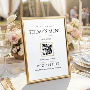 Plantilla de cartel con código QR para menú de boda elegante y editable en Canva. Menú digital para recepción de boda. Cartel para invitados con código QR para ver el menú. Invitación sin contacto.