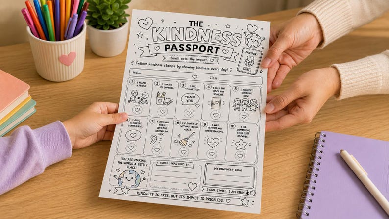 May include: A white paper sheet titled The Kindness Passport featuring black line art illustrations and text. It includes ten numbered boxes for kindness acts, a space for a name and class, a kindness goal section, and the phrase Kindness is free, but its impact is priceless.