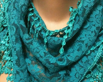 Turquoise Lace Scarf, Valentines Day Gift, Gift for Girlfriend, Gift for Her, Gift for Women, bridal scarf, blue scarf, gift idea for girl