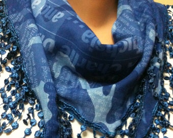 Blue Scarf With Lace Ends, gift for her, Valentine's Day Gift, Gİft for girlfriend, spring scarf, gift for woman, girlfriend gift idea