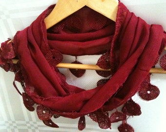 Dark Red Scarf With Beautiful Lace Ends, Red Wine color, spring scarf, gift for her, bridal scarf, gift idea, scarf for women, Turkish scarf