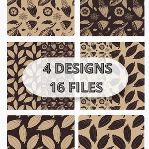 Cocoa Beans Seamless Patterns - 16 Files / PNG&JPG/ Vintage Cocoa Botanical Bundle. Large and Small Scale. Packaging and Branding Design