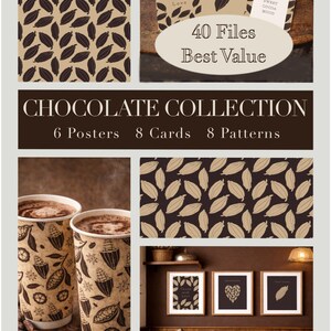 Vintage Classic Chocolate illustration Bundle - 44 PNG & JPG  -  Posters, Postcards, Cocoa Patterns - Beige and Brown Collection.