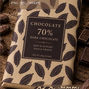 Peut inclure: Un emballage de tablette de chocolat rectangulaire avec un fond beige et un motif répétitif de cabosses de cacao marron foncé. L'étiquette centrale indique : CHOCOLATE 70% DARK CHOCOLATE RICH & INTENSE SINGLE ORIGIN NET WT. 100g (3.5 OZ).