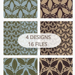 Peut inclure: Une collection numérique de 4 motifs et 16 fichiers présentant des répétitions de cabosses de cacao et d'éléments botaniques. Les palettes de couleurs incluent des combinaisons de vert olive, bleu clair, brun foncé et beige, en grille.