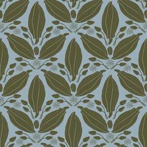 May include: A repeating pattern of olive green stylized botanical elements on a pale blue background. The design features large, elongated seed pod shapes, small star-like flowers, and thin stems, creating a symmetrical and organic aesthetic.