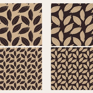 Peut inclure: Quatre motifs carrés présentant un motif répété de formes de fèves de cacao. Les motifs alternent entre des fèves brun foncé sur un fond beige et des fèves beiges sur un fond brun foncé. Les formes de fèves de cacao sont stylisées et ont un aspect texturé.