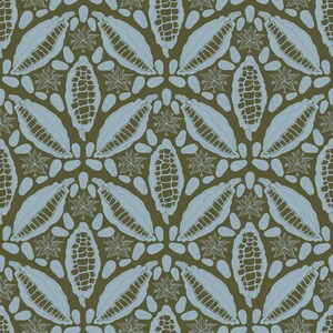 May include: A repeating pattern featuring light blue cocoa pods and star-shaped flowers set against a dark olive green background. The design includes both whole and split cocoa pods with visible internal segments, arranged in a symmetrical layout.