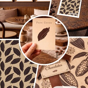 Peut inclure: Un collage de motifs sur le thème du cacao. Comprend des œuvres d'art encadrées avec du texte, une carte tenue par une main et du papier à motifs. Les motifs présentent des fèves de cacao et les mots "Pure Cocoa" et "Cocoa with Love".