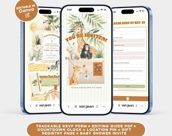Safari Jungle A Little Wild One Baby Shower Editable Digital Invitation Template Website