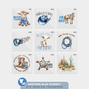 May include: A collection of nine Western-themed DTF iron-on transfers featuring illustrations of a calf, cowboy hat, horse, guitar, cow, lasso, boots, sheriff star, and desert landscape with text including Wild Thing, Cowboy in Training, and Oh Hay.