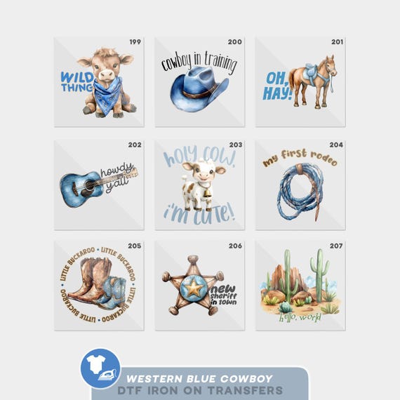 Blue Boho Western Cowboy Baby Shower Iron On Transfers For Bodysuit Decorating Station (9 Count)