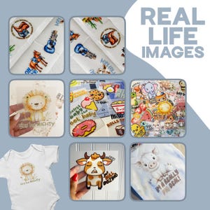 May include: A collection of heat transfer decals featuring various cartoon illustrations including a lion with the text tiny but MIGHTY, a cow with the text just BULL DOZING, a pig with the text I'M A REALLY PIG DEAL, and assorted food and animal designs.