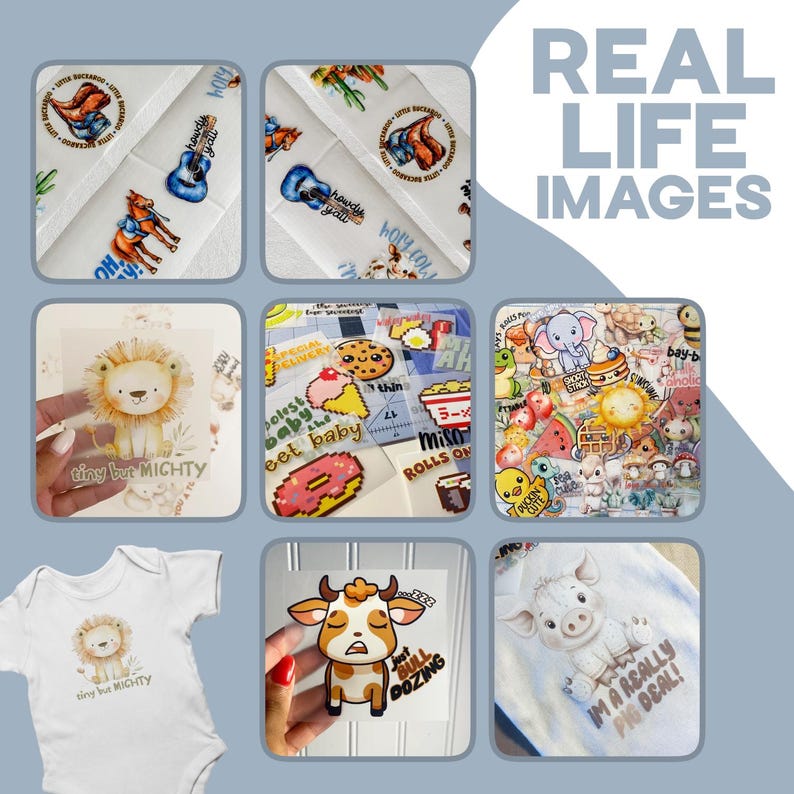 May include: A collection of heat transfer decals featuring various cartoon illustrations including a lion with the text tiny but MIGHTY, a cow with the text just BULL DOZING, a pig with the text I'M A REALLY PIG DEAL, and assorted food and animal designs.