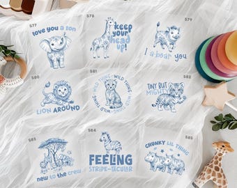 Blue Jungle Safari Toile Baby Shower Iron On Transfers For Bodysuit Decorating Station (9 Count)