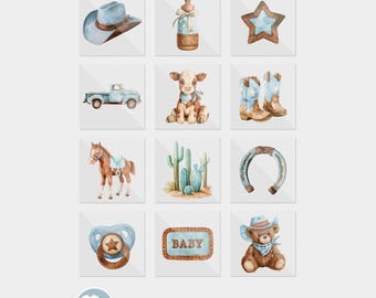 Blue Boho Western Cowboy Baby Shower DTF Iron On Transfers (12 Count)