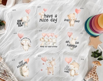 Baby Shower Boho Animal Hearts Neutral Iron On Transfers For Bodysuit Decorating Station (9 Count)