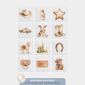 May include: A collection of twelve watercolor-style western-themed iron-on transfers featuring a cowboy hat, baby bottle, star, pickup truck, calf, cowboy boots, horse, cactus, horseshoe, pacifier, a rectangular patch with the text BABY, and a teddy bear.