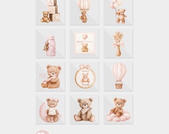 We Can Bearly Wait Pink Teddy Bear Baby Shower DTF Iron On Transfers (12 Count)