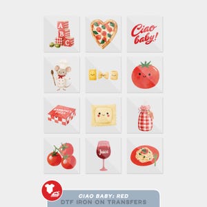 May include: A collection of twelve watercolor-style iron-on transfers featuring red and white themed illustrations including alphabet blocks, a heart-shaped pizza, the text Ciao baby, a chef mouse, pasta shapes, a tomato, a pizza box, and wine.