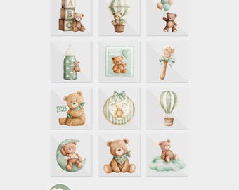We Can Bearly Wait Green Teddy Bear Baby Shower DTF Iron On Transfers (12 Count)