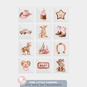 May include: A collection of twelve watercolor-style illustrations featuring a pink cowboy hat, baby bottle, star, pickup truck, calf, cowboy boots, horse, cacti, horseshoe, pacifier, a sign reading BABY, and a teddy bear wearing a hat.