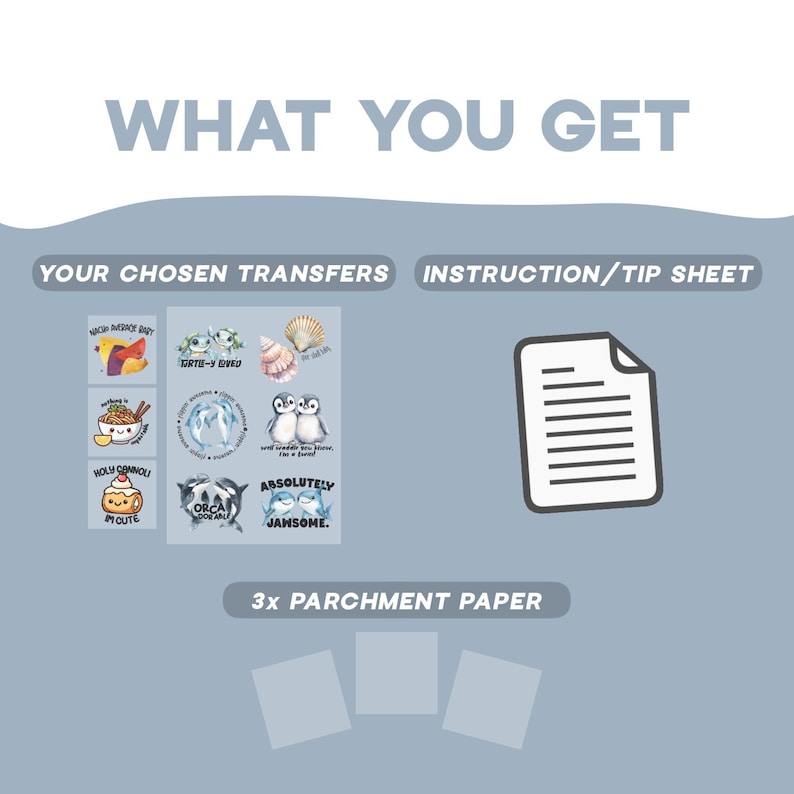 May include: A set of heat transfers featuring cartoon illustrations of sea creatures, food, and penguins with text, an instruction tip sheet, and three sheets of parchment paper. The text reads WHAT YOU GET, YOUR CHOSEN TRANSFERS, and 3x PARCHMENT PAPER.
