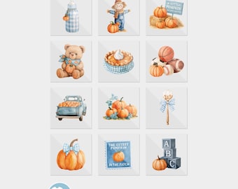 Cutest Pumpkin In The Patch Blue Boy Baby Shower DTF Iron On Transfers (12 Count)