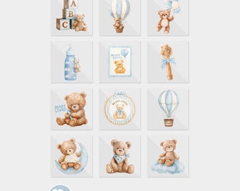 We Can Bearly Wait Blue Teddy Bear Baby Shower DTF Iron On Transfers (12 Count)