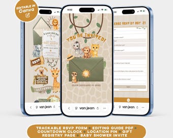 Safari Jungle A Little Wild One Cartoon Baby Shower Editable Digital Invitation Template Website
