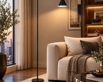Modern Black LED Floor Lamp, Dimmable Reading Light with Rotating Shade, Touch Control Standing Lamp