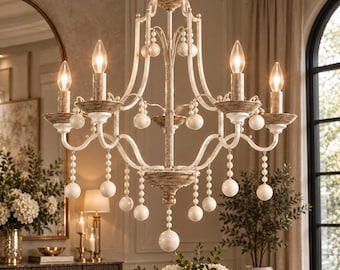 Lampadario rustico a 5 luci, 31,75 pollici, finitura bianca effetto legno, plafoniera in stile rustico, lampadario a sospensione tradizionale a forma di candela.