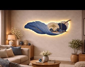 Luksusowy zegar ścienny LED 50x70 cm Niebieskie piórko z diamentami – nowoczesna, świecąca sztuka ścienna 3D – elegancka dekoracja salonu.