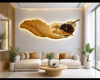 Luxury LED Wall Clock with Golden Feather – Modern 3D Wall Art with Lighting – Elegant and Contemporary Living Room Decoration. 50*150cm.