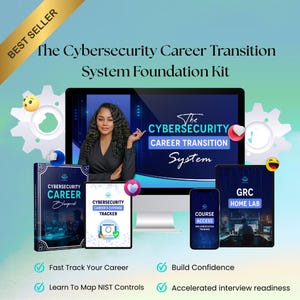 Puede incluir: Imagen promocional para un sistema de transición profesional en ciberseguridad. Presenta a una mujer frente a una pantalla de ordenador con el texto "The Cybersecurity Career Transition System". También hay libros, una tableta y un smartphone.