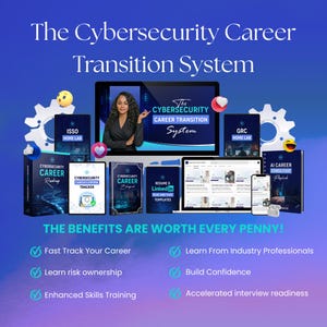 Puede incluir: Imagen promocional para un sistema de transición profesional en ciberseguridad. La imagen presenta a una mujer en una pantalla de ordenador, rodeada de libros, tabletas y un smartphone. El texto incluye "The Cybersecurity Career Transition System".