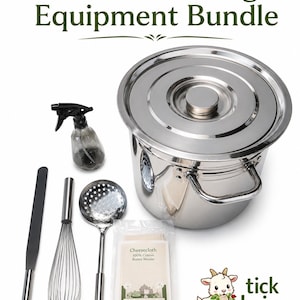 May include: A cheesemaking equipment bundle featuring a large stainless steel pot with a lid, a black spray bottle, a long spatula, a wire whisk, a perforated metal spoon, and a package of 100% cotton butter muslin cheesecloth.