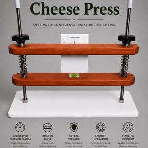May include: A wooden cheese press with stainless steel hardware. The press has a white base, two brown wooden beams, and two metal rods with springs. The text "Precision Cheese Press" is at the top.