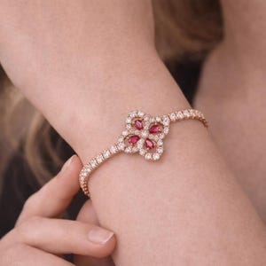 Four Leaf Clover Ruby Bracelet, Rose Gold Sterling Silver, Lucky Charm Jewelry