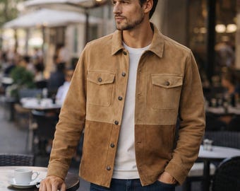 Men's Suede Leather Jacket, Tan Brown Colorblock, Vintage Style Streetwear Coat