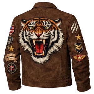 Mens Brown Suede Leather Jacket Tiger Back Print, Roaring Tiger Jacket, Military Patch Biker Jacket, Vintage Distressed Leather Coat
