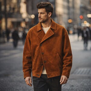 Men’s Oversized Rust Brown Real Suede Leather Jacket, Asymmetrical Wrap Button Front Coat, Minimalist Premium Handmade Outerwear