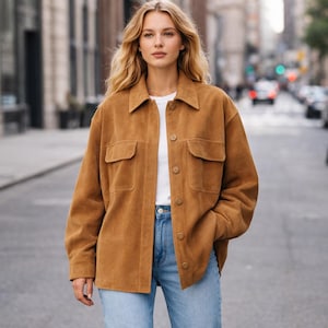 Handmade Real Suede Leather Jacket, Vintage Style Shacket, Tan Brown Relaxed Fit Coat