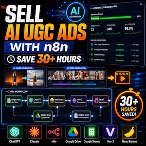 Könnte beinhalten: Eine digitale Infografik mit dem Titel SELL AI UGC ADS WITH n8n SAVE 30+ HOURS. Sie zeigt ein KI-Automatisierungs-Dashboard, ein Workflow-Diagramm mit Tools wie ChatGPT, Google Sheets und Veo 3 sowie ein Abzeichen mit der Aufschrift 30+ HOURS SAVED.