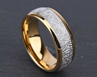 Domed Gold Plated Tungsten Wedding Band, 8mm Width, Textured Meteorite Inlay, Custom Inside Engraved Men’s Promise & Couple Ring