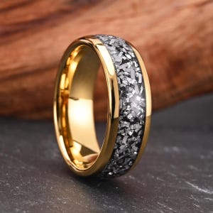 Gold Plated Tungsten Wedding Band with Natural Meteorite Fragment Inlay, 8mm Custom Inside Engraved Personalized Men’s Ring