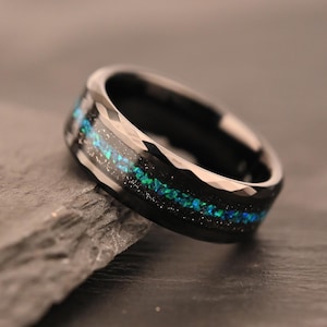 Faceted Black Tungsten Ring 8mm Width, Galaxy Opal & Black Sand Inlay, Custom Inside Engraved Men’s Starry Sky Wedding Band