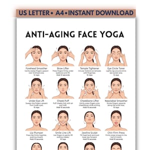 Pode incluir: Um gráfico digital intitulado ANTI-AGING FACE YOGA apresentando doze ilustrações de uma pessoa demonstrando exercícios faciais. Cada passo inclui um nome e instruções para movimentos como Forehead Smoother, Brow Lifter e Jawline Sculpt.