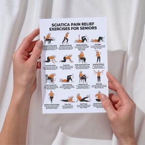 May include: A white informational chart titled Sciatica Pain Relief Exercises for Seniors, featuring sixteen illustrated figures in orange shirts and black pants demonstrating various physical movements with descriptive text and repetition instructions.